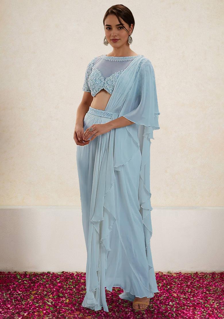 Blue Pre-Stitched Saree Set With Hand Embroidered Blouse