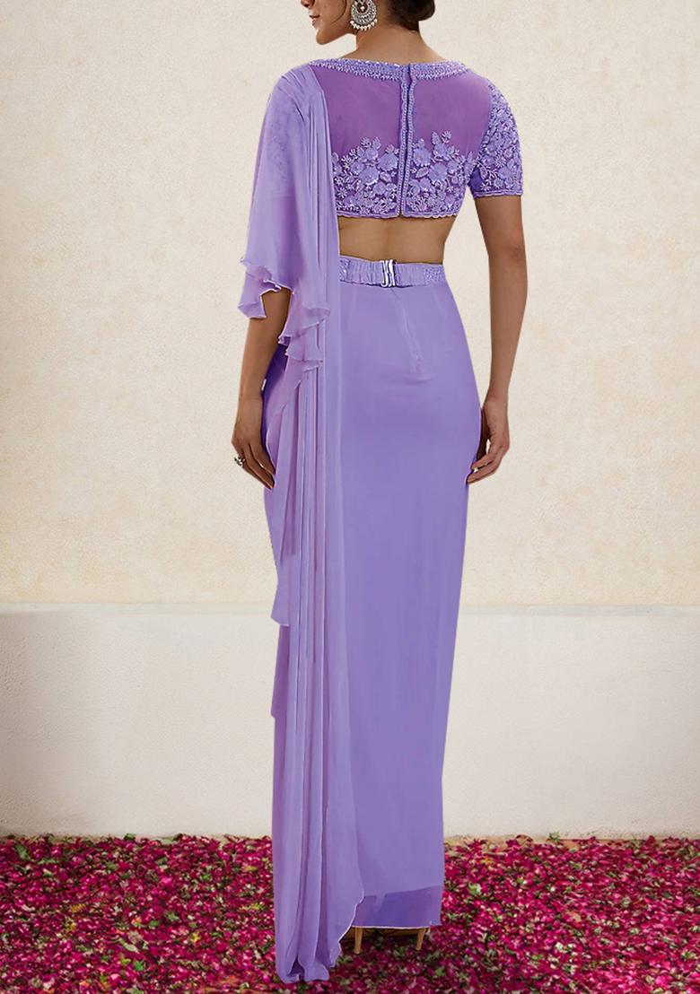 Purple Pre-Stitched Saree Set With Hand Embroidered Blouse