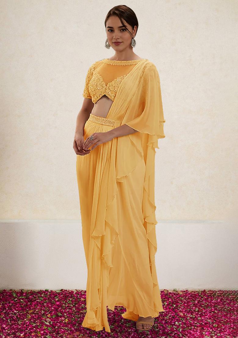 Yellow Pre-Stitched Saree Set With Hand Embroidered Blouse