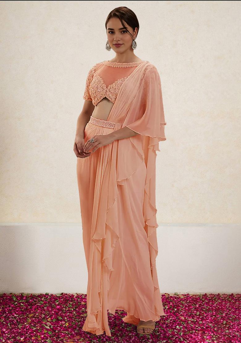 Peach Pre-Stitched Saree Set With Hand Embroidered Blouse