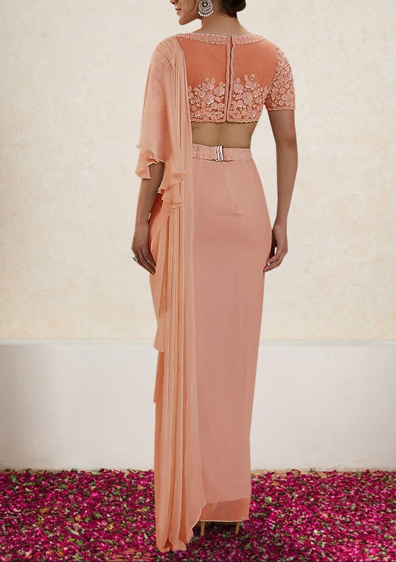 Peach Pre-Stitched Saree Set With Hand Embroidered Blouse