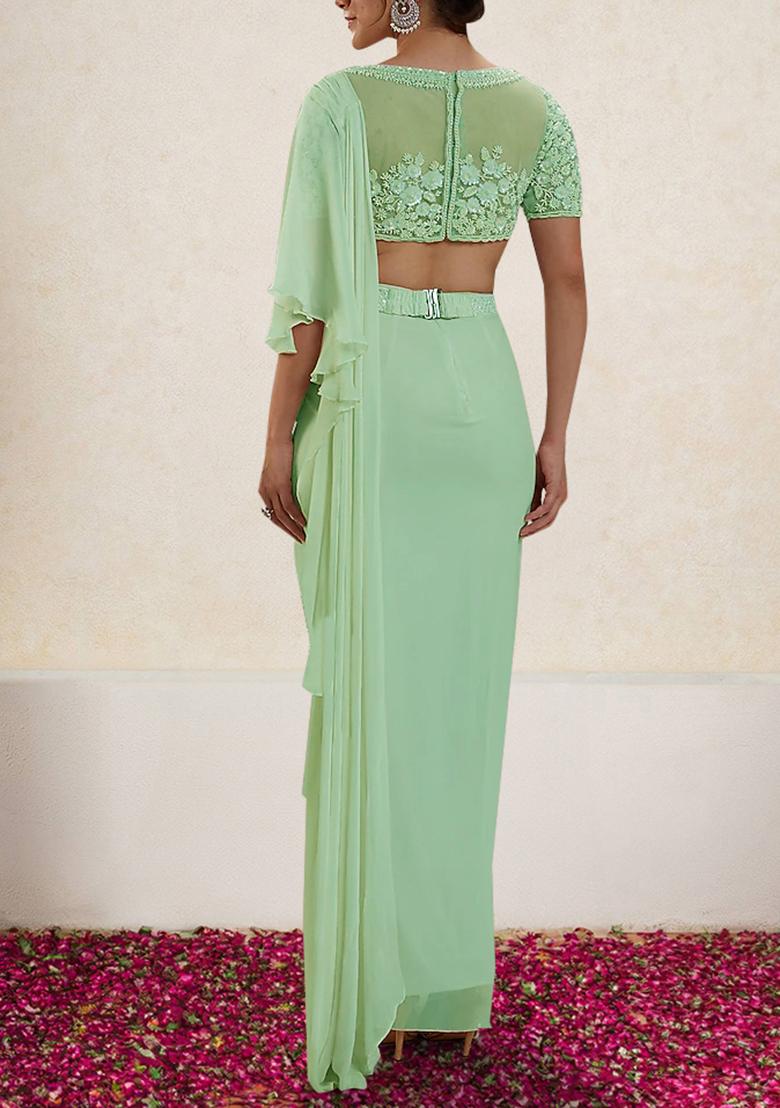 Green Pre-Stitched Saree Set With Hand Embroidered Blouse