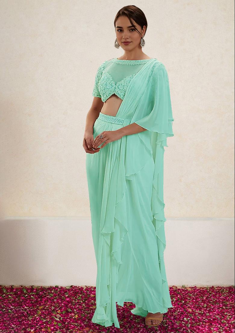 Blue Pre-Stitched Saree Set With Hand Embroidered Blouse