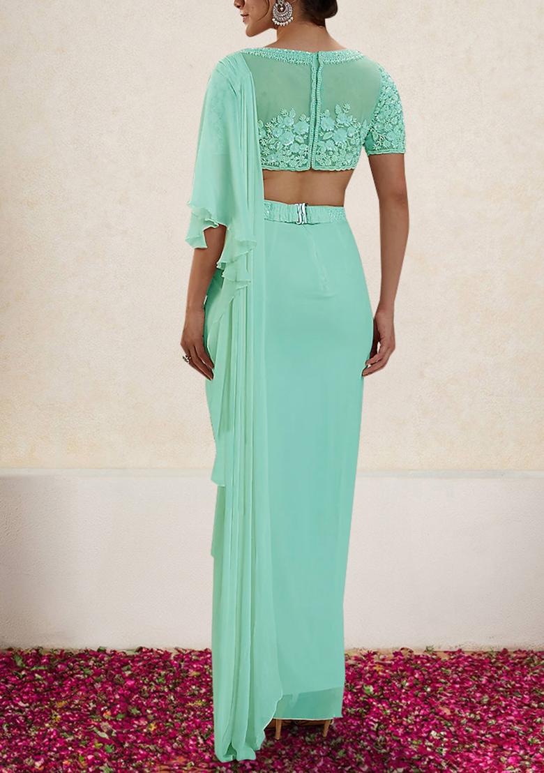 Blue Pre-Stitched Saree Set With Hand Embroidered Blouse