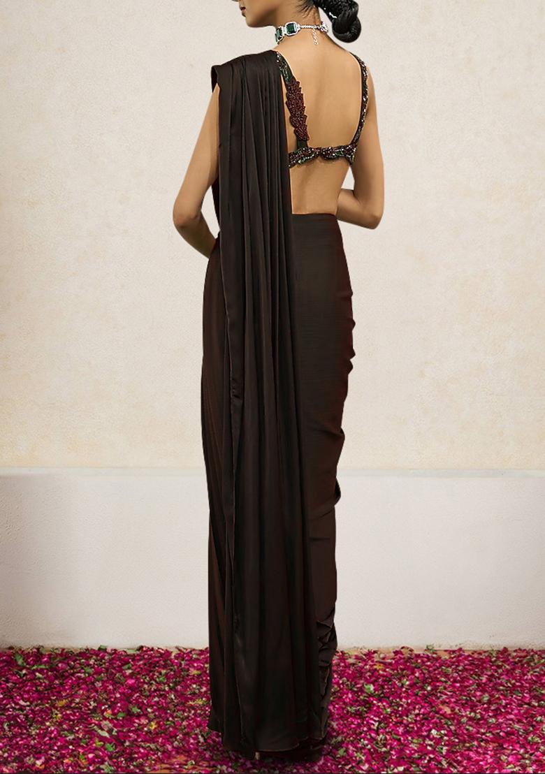 Brown Pre-Stitched Saree Set With Hand Embroidered Blouse