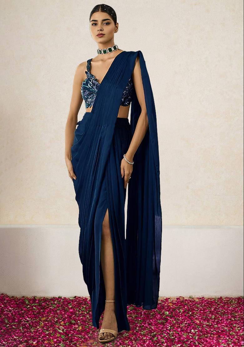 Blue Pre-Stitched Saree Set With Hand Embroidered Blouse