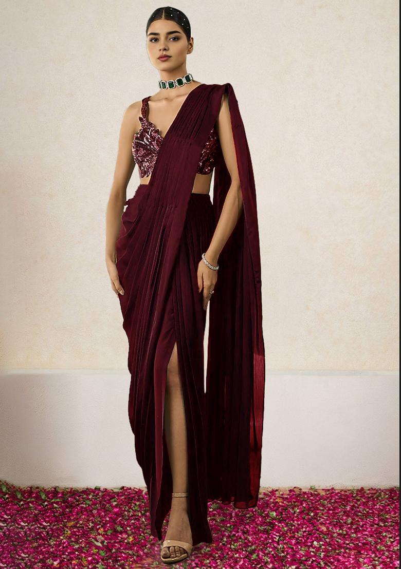 Maroon Pre-Stitched Saree Set With Hand Embroidered Blouse