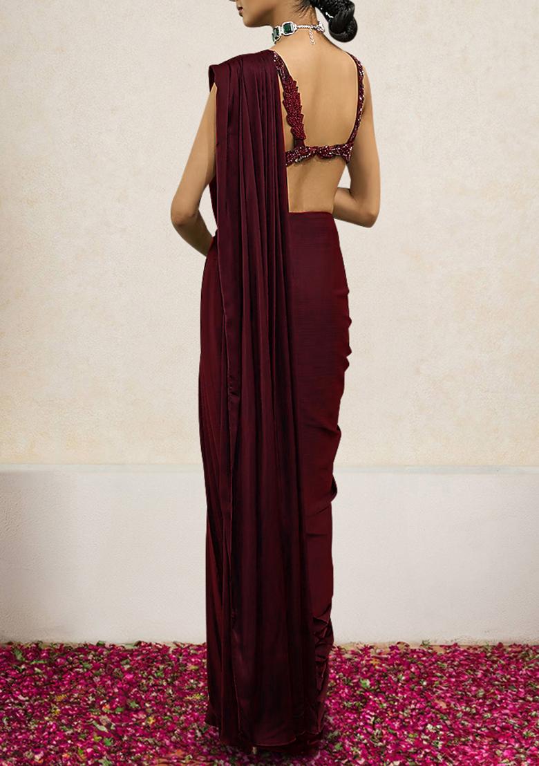 Maroon Pre-Stitched Saree Set With Hand Embroidered Blouse