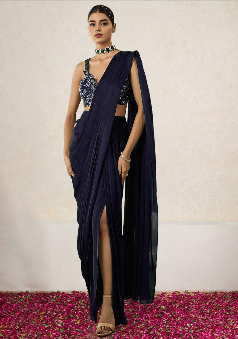 Violet Pre-Stitched Saree Set With Hand Embroidered Blouse