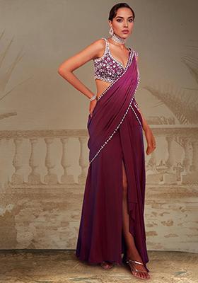 Magenta Pre-Stitched Saree Set With Hand Embroidered Blouse