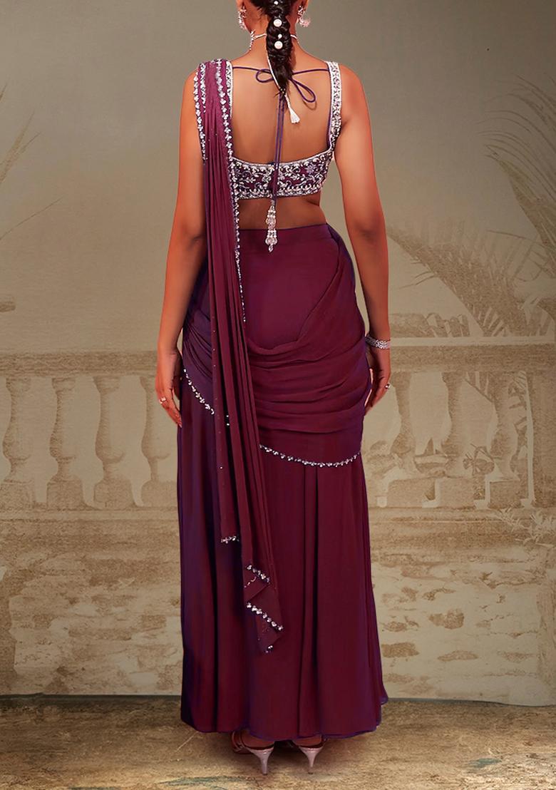 Magenta Pre-Stitched Saree Set With Hand Embroidered Blouse