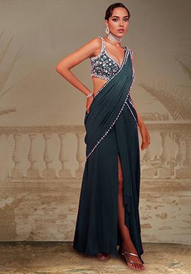 Teal Green Pre-Stitched Saree Set With Hand Embroidered Blouse