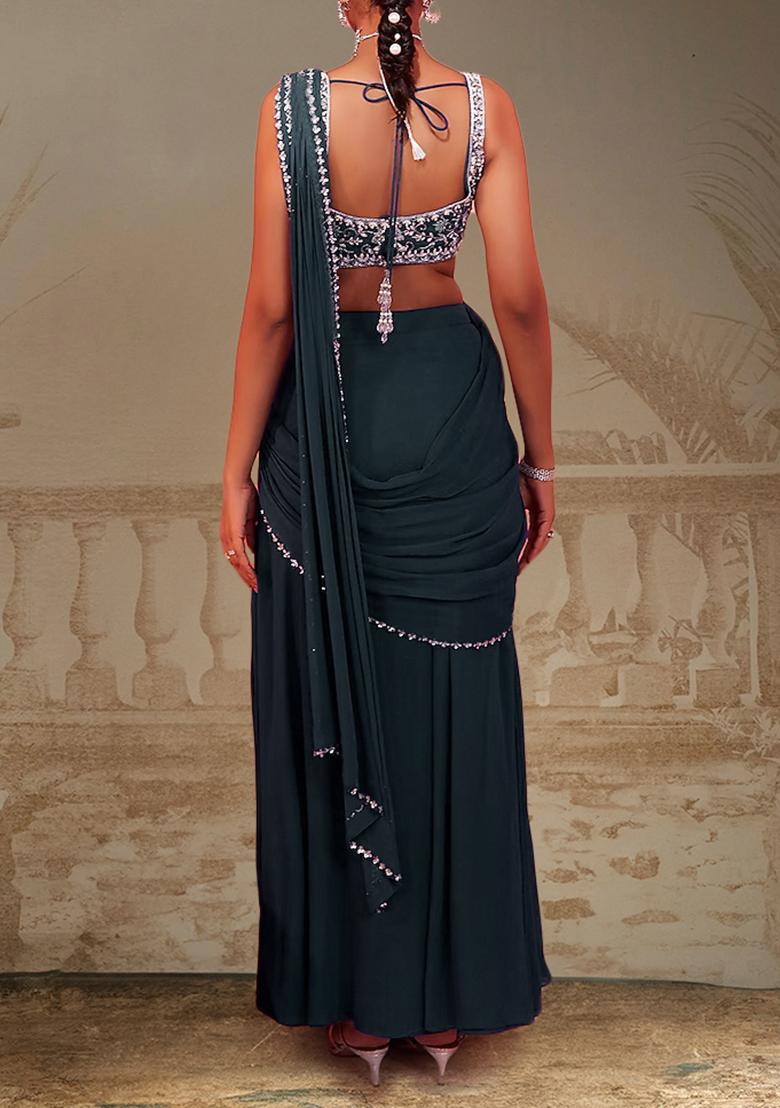 Teal Green Pre-Stitched Saree Set With Hand Embroidered Blouse