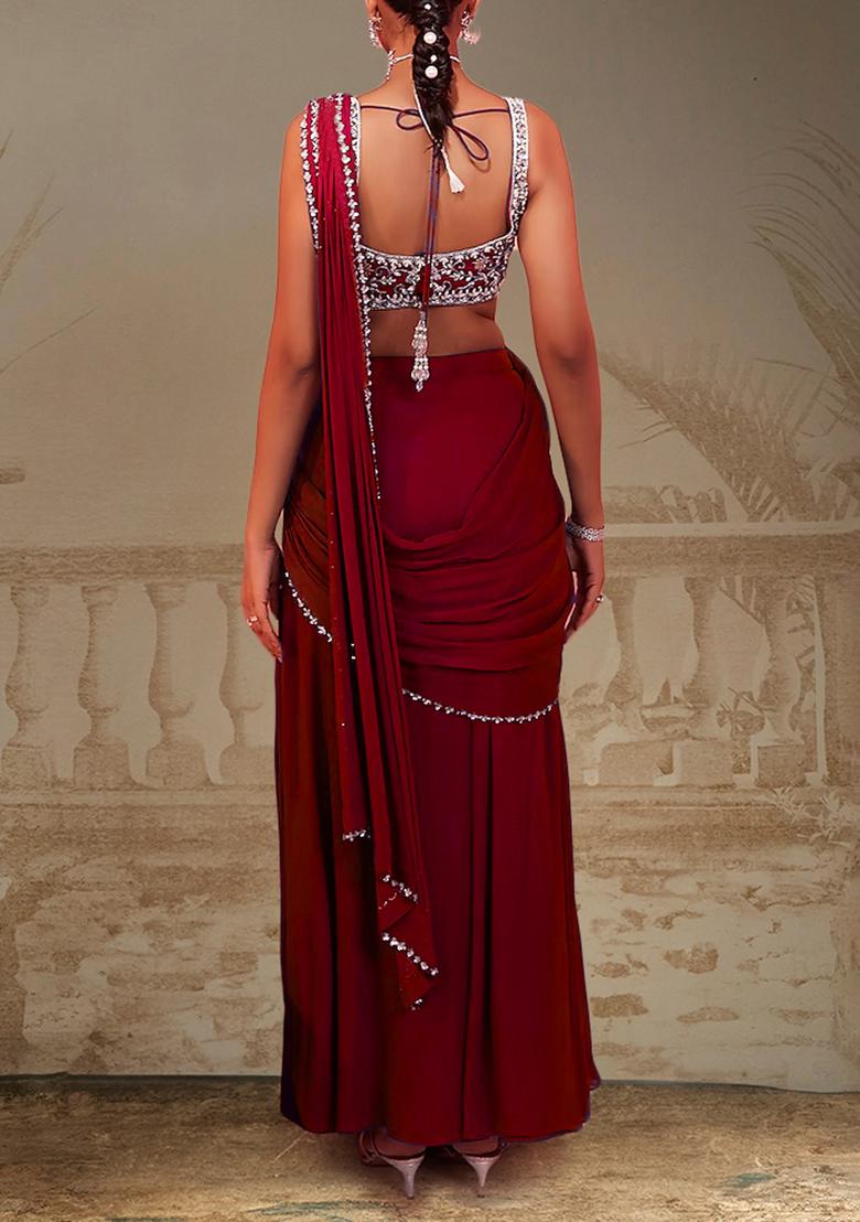 Red Pre-Stitched Saree Set With Hand Embroidered Blouse