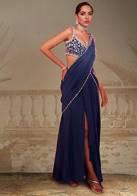 Indigo Pre-Stitched Saree Set With Hand Embroidered Blouse