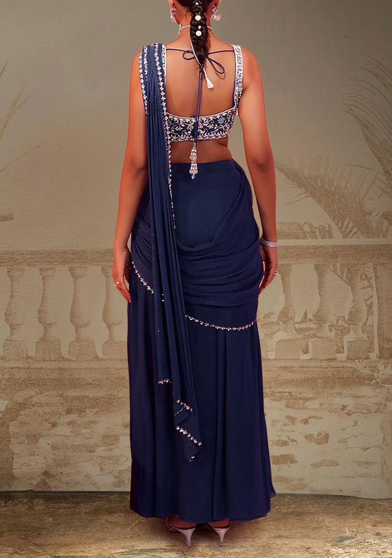 Indigo Pre-Stitched Saree Set With Hand Embroidered Blouse