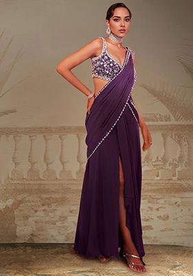 Violet Pre-Stitched Saree Set With Hand Embroidered Blouse