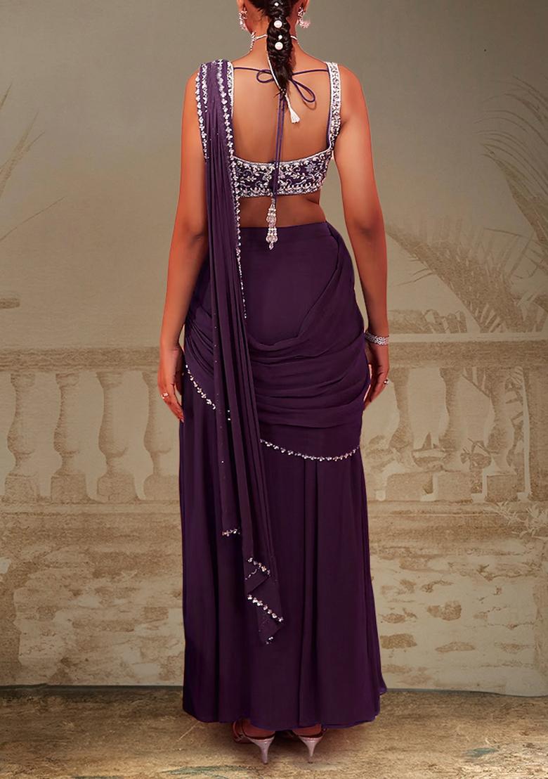 Violet Pre-Stitched Saree Set With Hand Embroidered Blouse