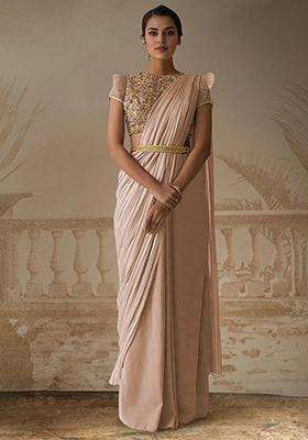 Skin Pre-Stitched Saree Set With Hand Embroidered Blouse
