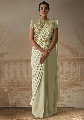 Lemon Yellow Pre-Stitched Saree Set With Hand Embroidered Blouse