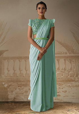 Sky Blue Pre-Stitched Saree Set With Hand Embroidered Blouse