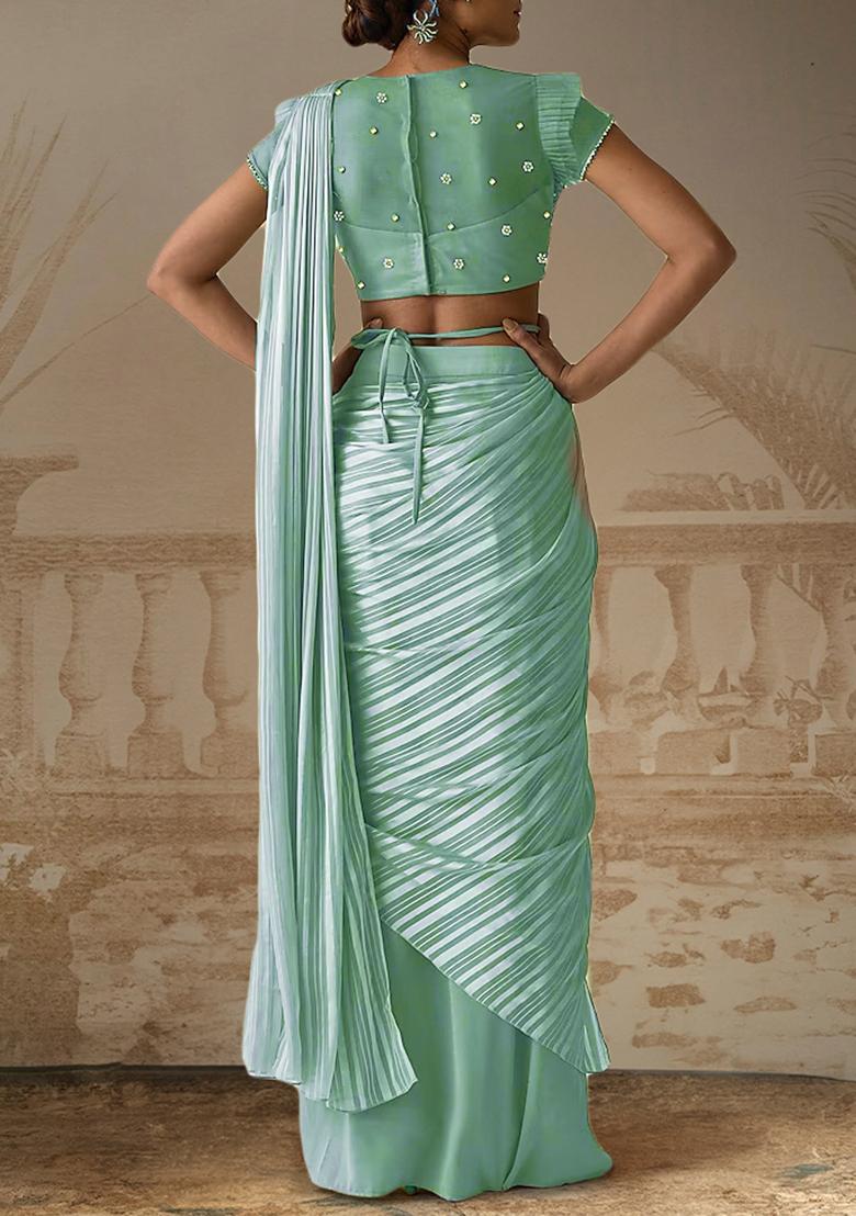 Sky Blue Pre-Stitched Saree Set With Hand Embroidered Blouse