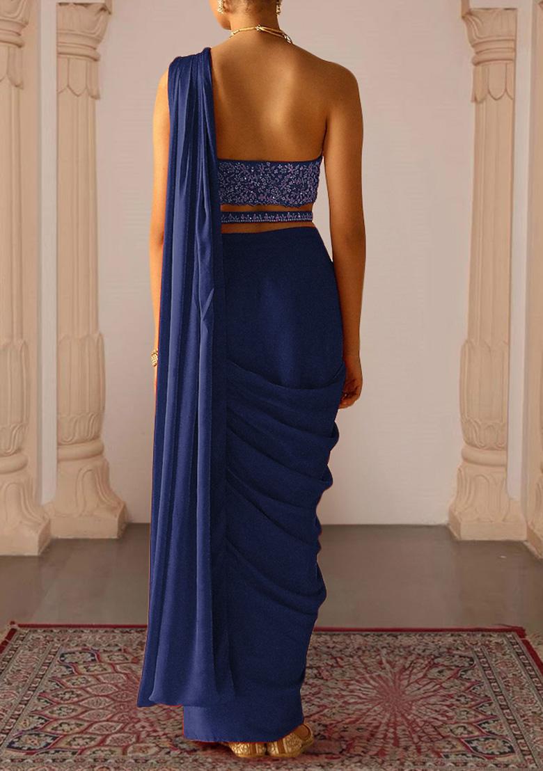 Indigo Pre-Stitched Saree Set With Hand Embroidered Blouse