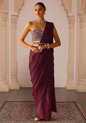 Burgendy Pre-Stitched Saree Set With Hand Embroidered Blouse