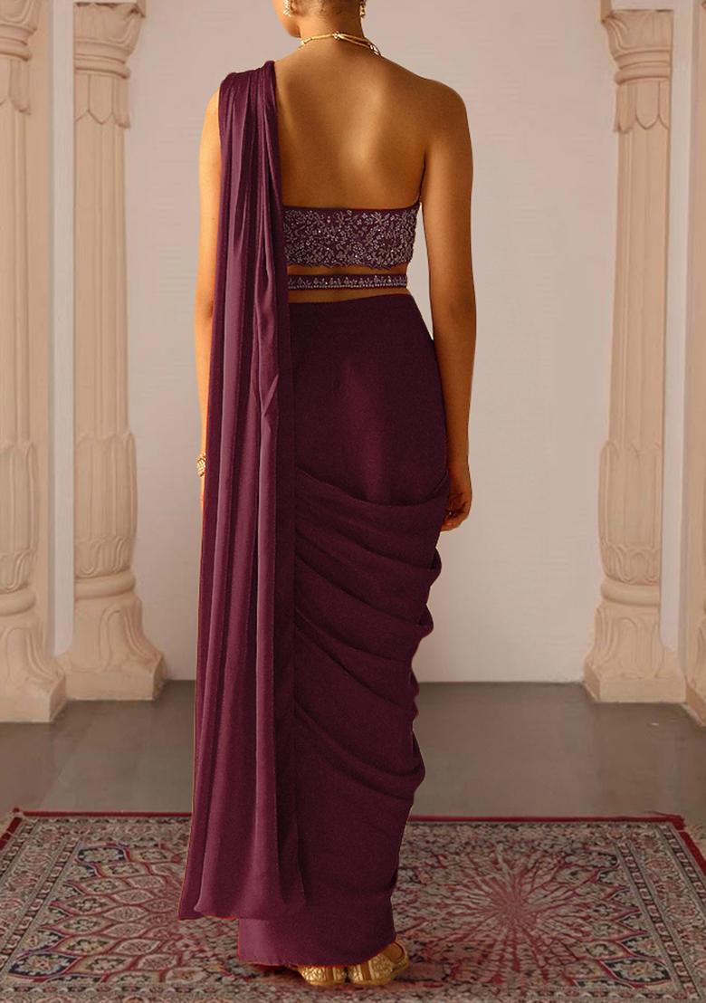 Burgendy Pre-Stitched Saree Set With Hand Embroidered Blouse