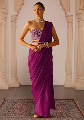 Magenta Pre-Stitched Saree Set With Hand Embroidered Blouse