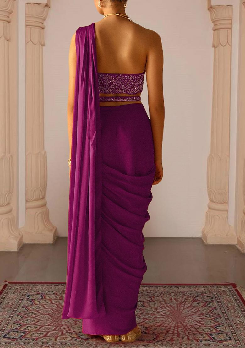 Magenta Pre-Stitched Saree Set With Hand Embroidered Blouse