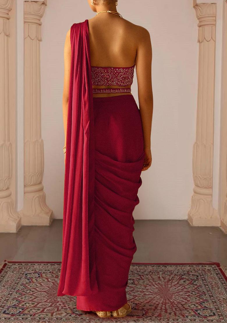 Red Pre-Stitched Saree Set With Hand Embroidered Blouse