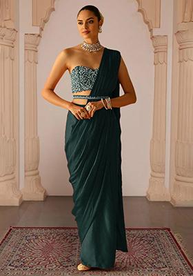 Teal Green Pre-Stitched Saree Set With Hand Embroidered Blouse