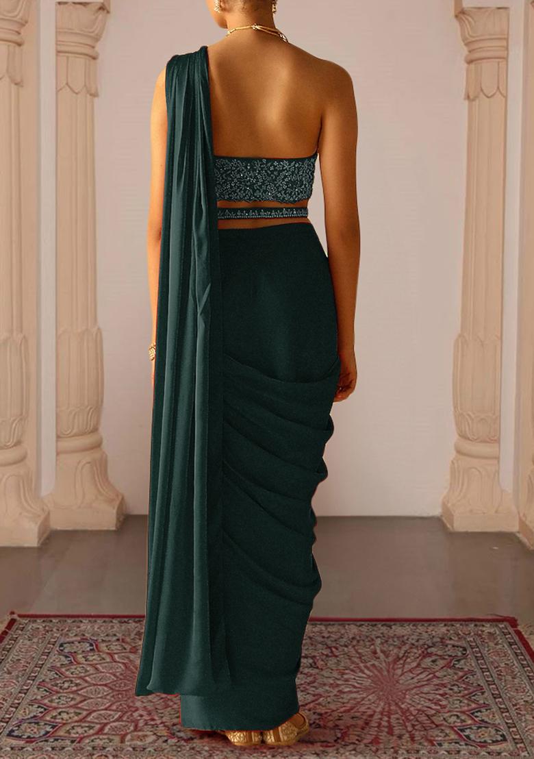 Teal Green Pre-Stitched Saree Set With Hand Embroidered Blouse