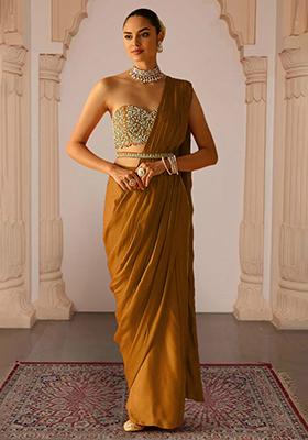 Mustard Pre-Stitched Saree Set With Hand Embroidered Blouse