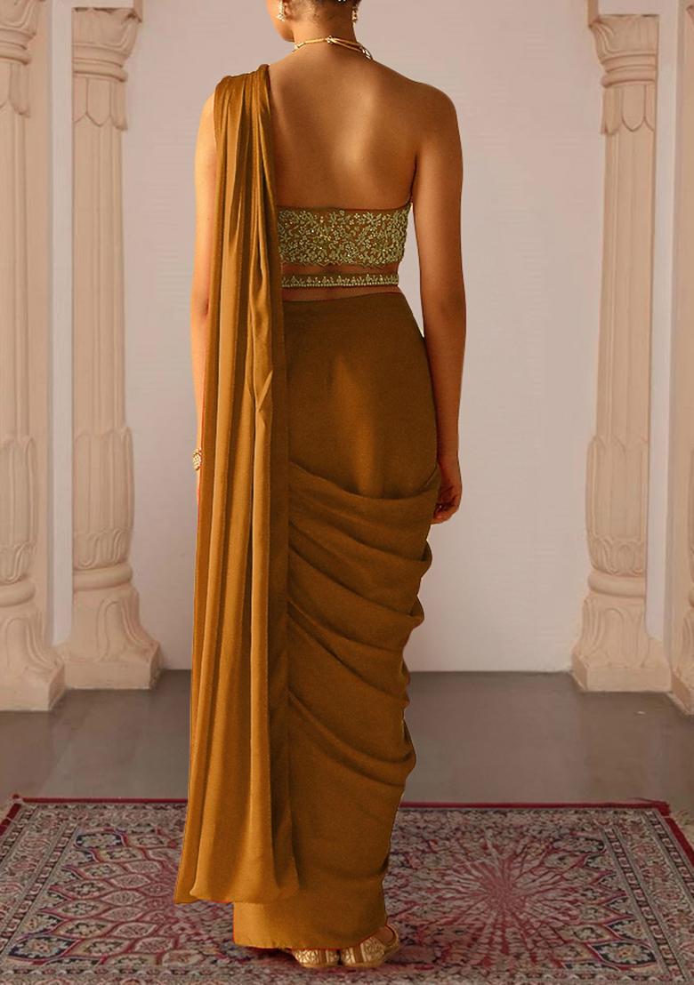 Mustard Pre-Stitched Saree Set With Hand Embroidered Blouse