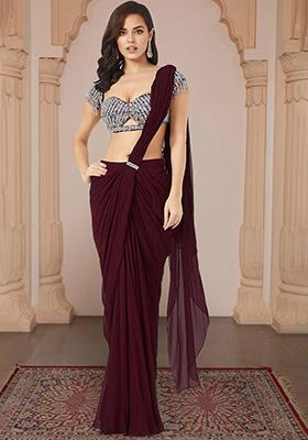 Burgendy Pre-Stitched Saree Set With Hand Embroidered Blouse