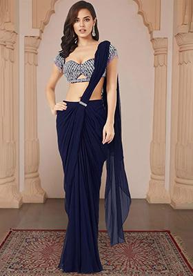 Indigo Pre-Stitched Saree Set With Hand Embroidered Blouse