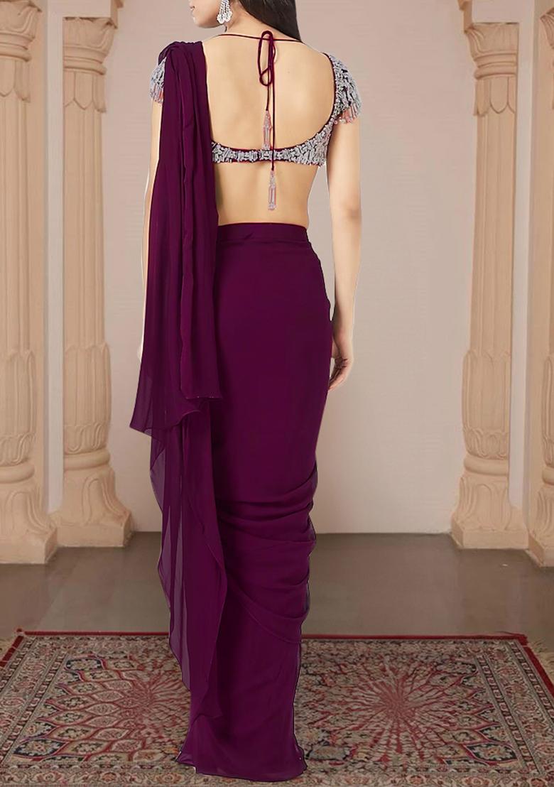 Magenta Pre-Stitched Saree Set With Hand Embroidered Blouse