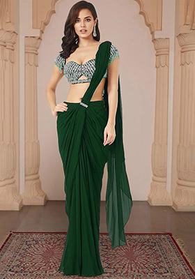 Dark Green Pre-Stitched Saree Set With Hand Embroidered Blouse