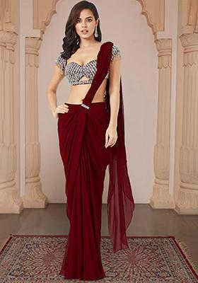 Red Pre-Stitched Saree Set With Hand Embroidered Blouse