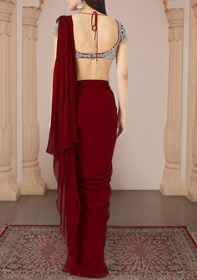 Red Pre-Stitched Saree Set With Hand Embroidered Blouse