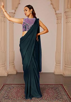 Teal Green Pre-Stitched Saree Set With Hand Embroidered Blouse
