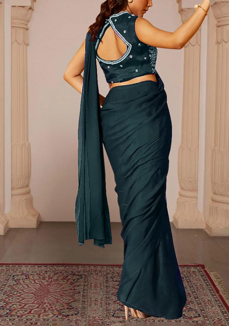 Teal Green Pre-Stitched Saree Set With Hand Embroidered Blouse