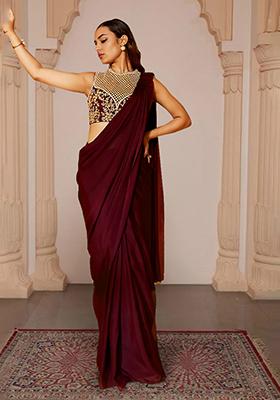 Cherry Red Pre-Stitched Saree Set With Hand Embroidered Blouse