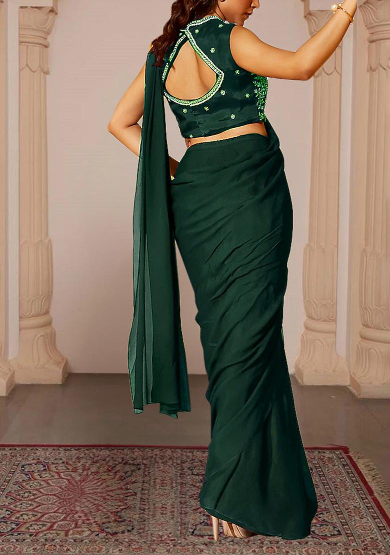 Dark Green Pre-Stitched Saree Set With Hand Embroidered Blouse