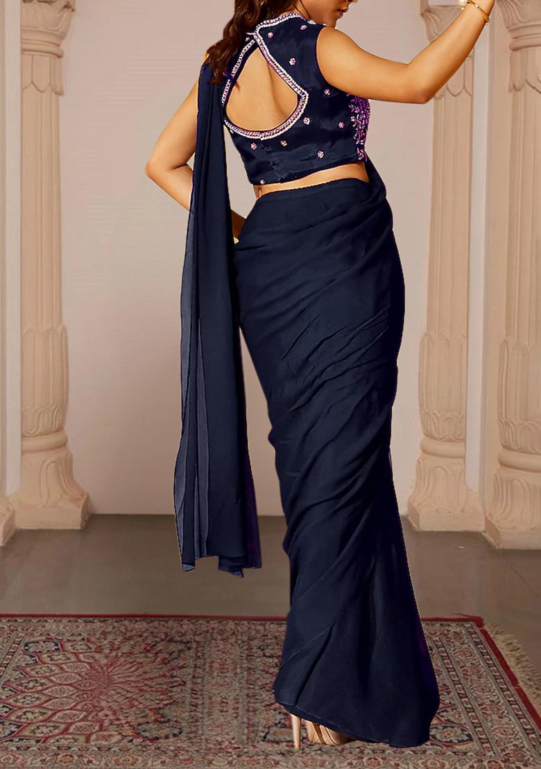 Indigo Pre-Stitched Saree Set With Hand Embroidered Blouse