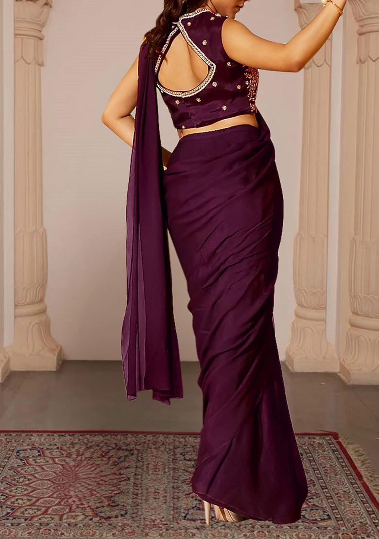 Purple Pre-Stitched Saree Set With Hand Embroidered Blouse