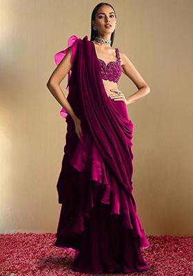Magenta Pre-Stitched Saree Set With Hand Embroidered Blouse