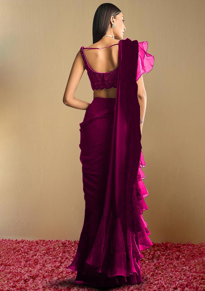 Magenta Pre-Stitched Saree Set With Hand Embroidered Blouse